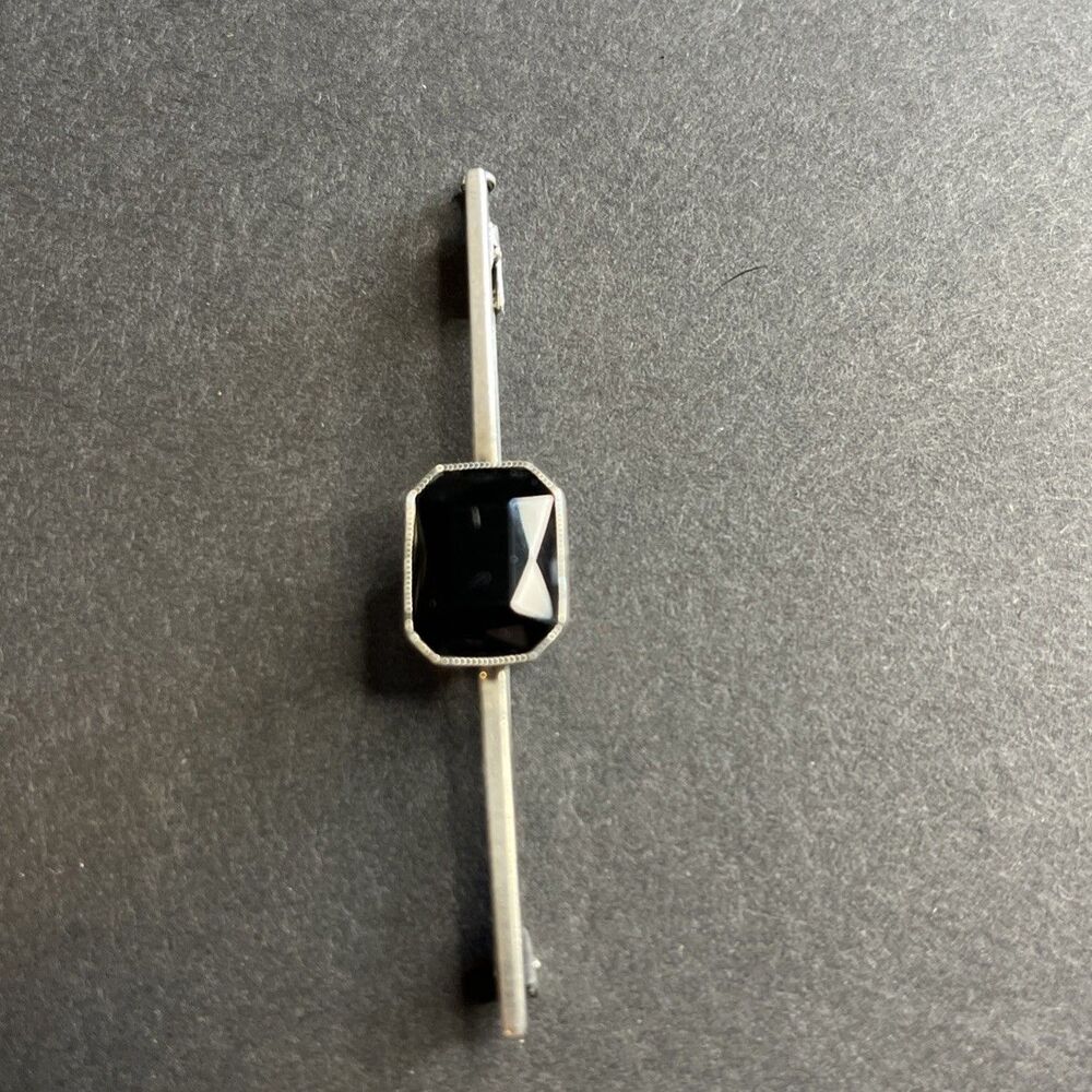 Vintage Sterling Silver .835 Black Onyx Stone Bar Brooch Stick Pin Scarf Necktie